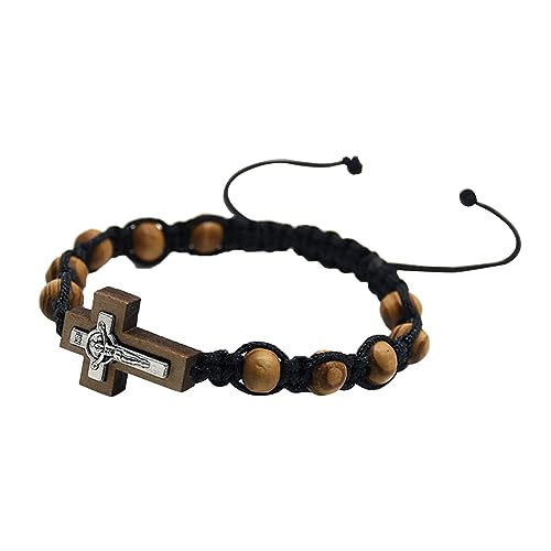 caralin Katholische Rosenkranz-Armbänder für Damen und Herren, 8 mm, Holzperlen, geflochtene Armbänder, verstellbares Armband, Schmuck, Taufe, Geschenk, Holz von caralin