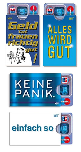 4 Kartenhüllen cardbox mit lustigen Sprüchen /// Motive: Keine Panik/Geld TUT Frauen / Alles Wird gut/Einfach so // EC KARTENHÜLLE - WITZIGE Geschenkidee - VERPACKUNG FÜR GELDGESCHENKE von cardbox