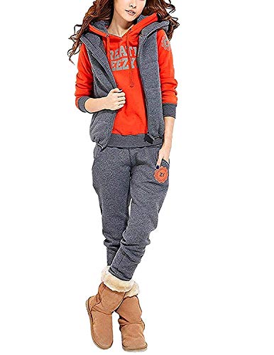 MODETREND Damen 3 in 1 Sportanzüge Jogginganzug Kapuzenpullover Plus-Samt Kapuzenjacke Hoodie Sweatshirt + Weste + Hose Trainingsanzug, Grau, Gr. M von carinacoco