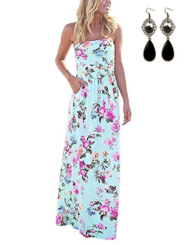 carinacoco Damen Bandeau Bustier Kleider mit Blüte Drucken Lange Sommerkleid Abendkleid Partykleid Cocktailkleid Blau A-Geblümt01 von carinacoco