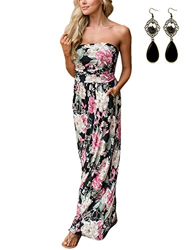 carinacoco Damen Bandeau Bustier Kleider mit Blüte Drucken Lange Sommerkleid Abendkleid Partykleid Cocktailkleid Schwarz Geblümt03 von carinacoco