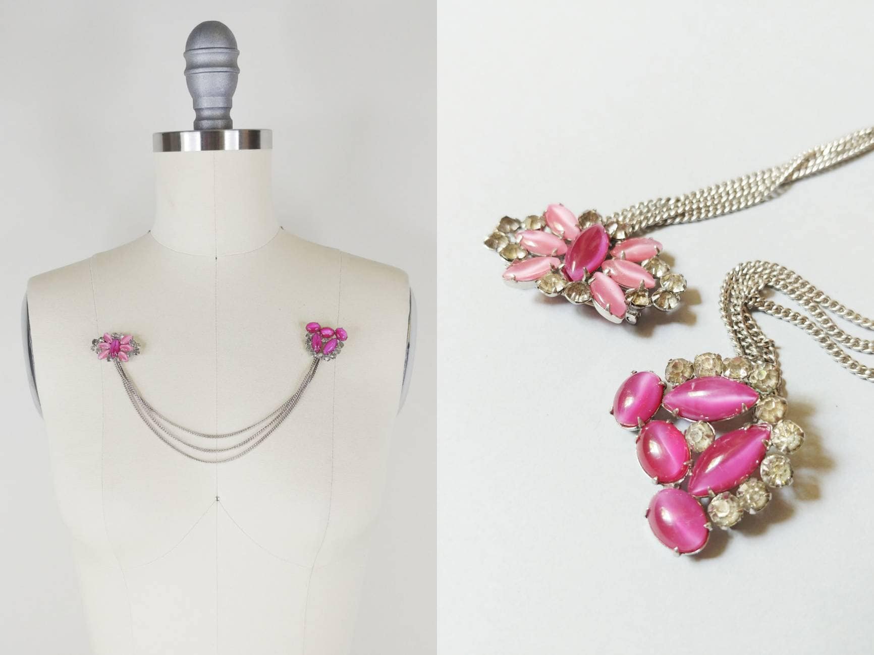 1950S Pink Strass Pullover Pin | Vintage 50Er Silber Kettenpullover Clip Damen Doppel Brosche Schmuck von carlasuevintage