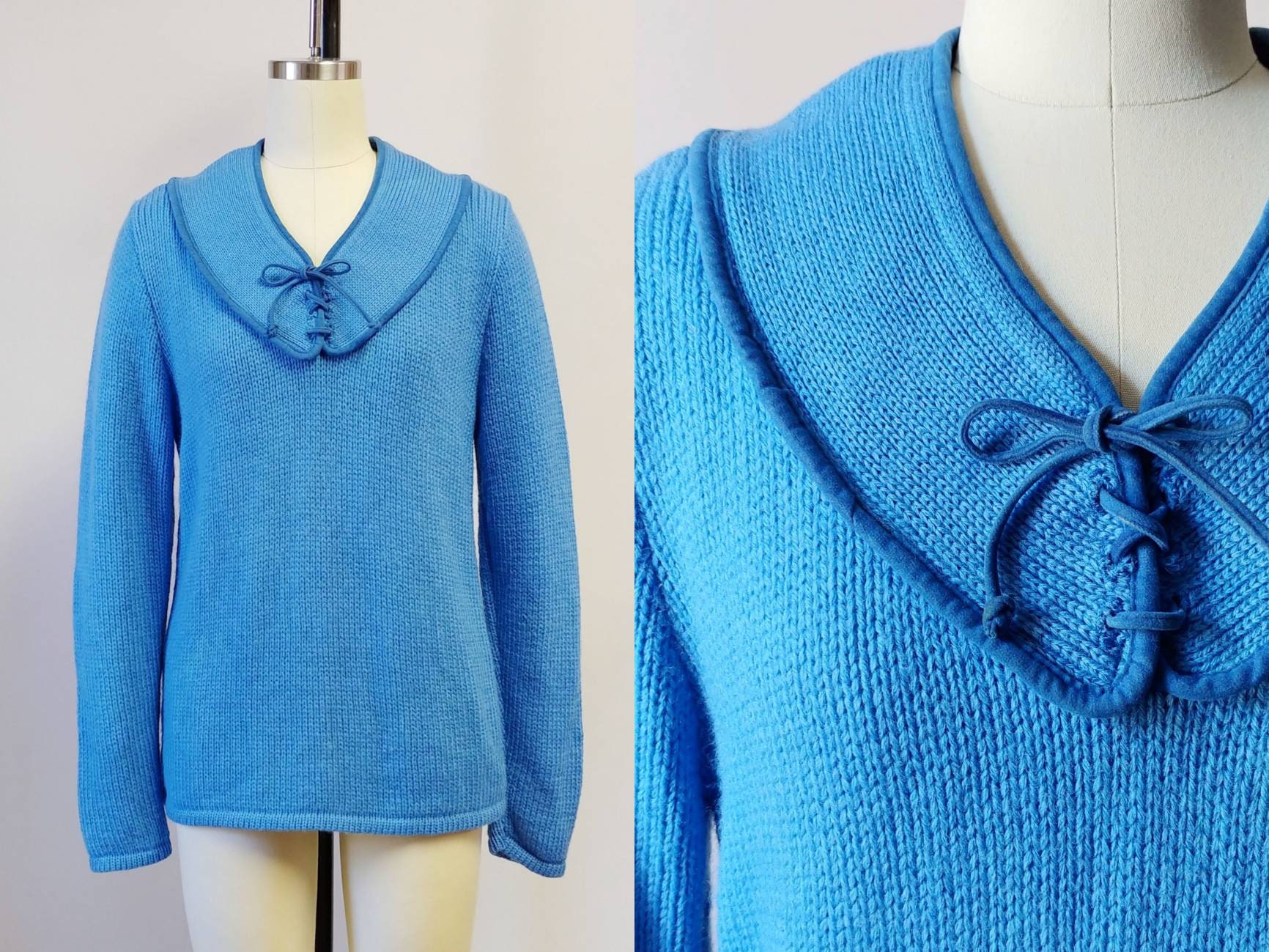 1960Er Jahre Grobstrick Pullover Mit Schnürung | Vintage 60Er Himmelblauer Damen Kleidung Small Medium von carlasuevintage