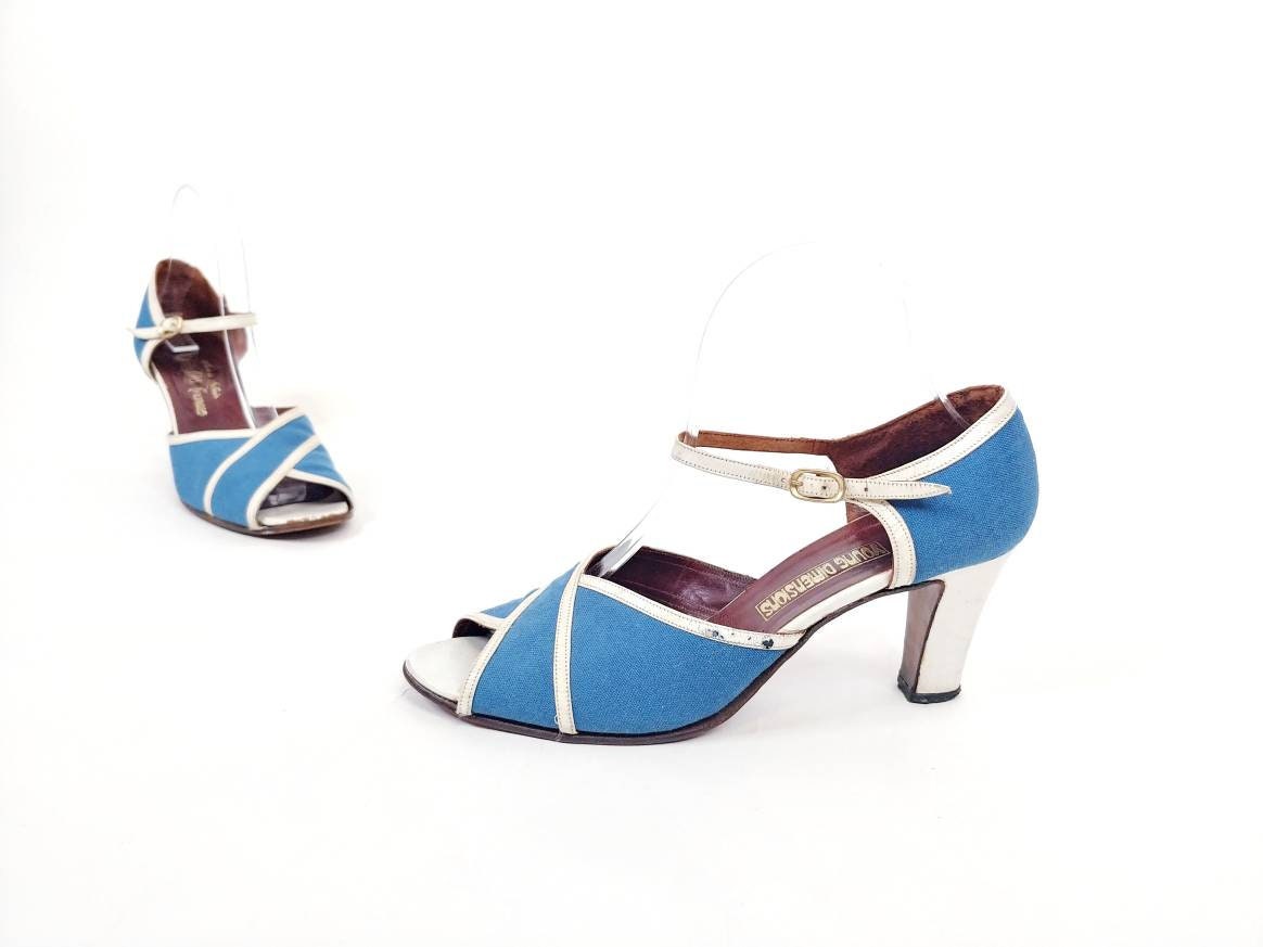 1970S Blaue Canvas Strappy Sandalen | Vintage 70Er Jahre Creme Leder Peeptoe Fersen Damen Schuhe Größe 8 M von carlasuevintage