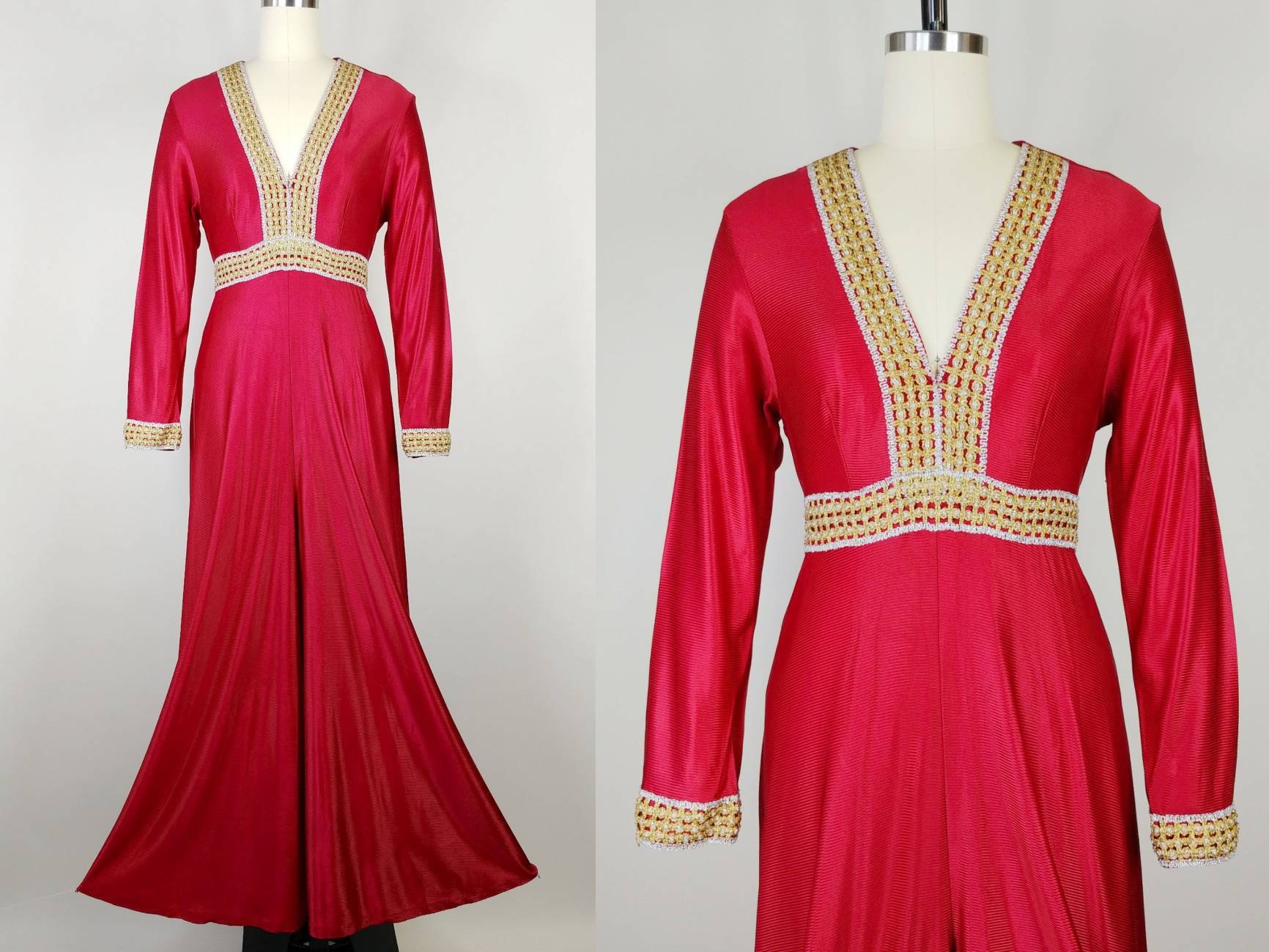 60Er Jahre Cranberry Red Acetat Jersey Jumpsuit | Vintage Silber Gold Lurex Weitbein Palazzo Hose Damen Kleidung Medium von carlasuevintage