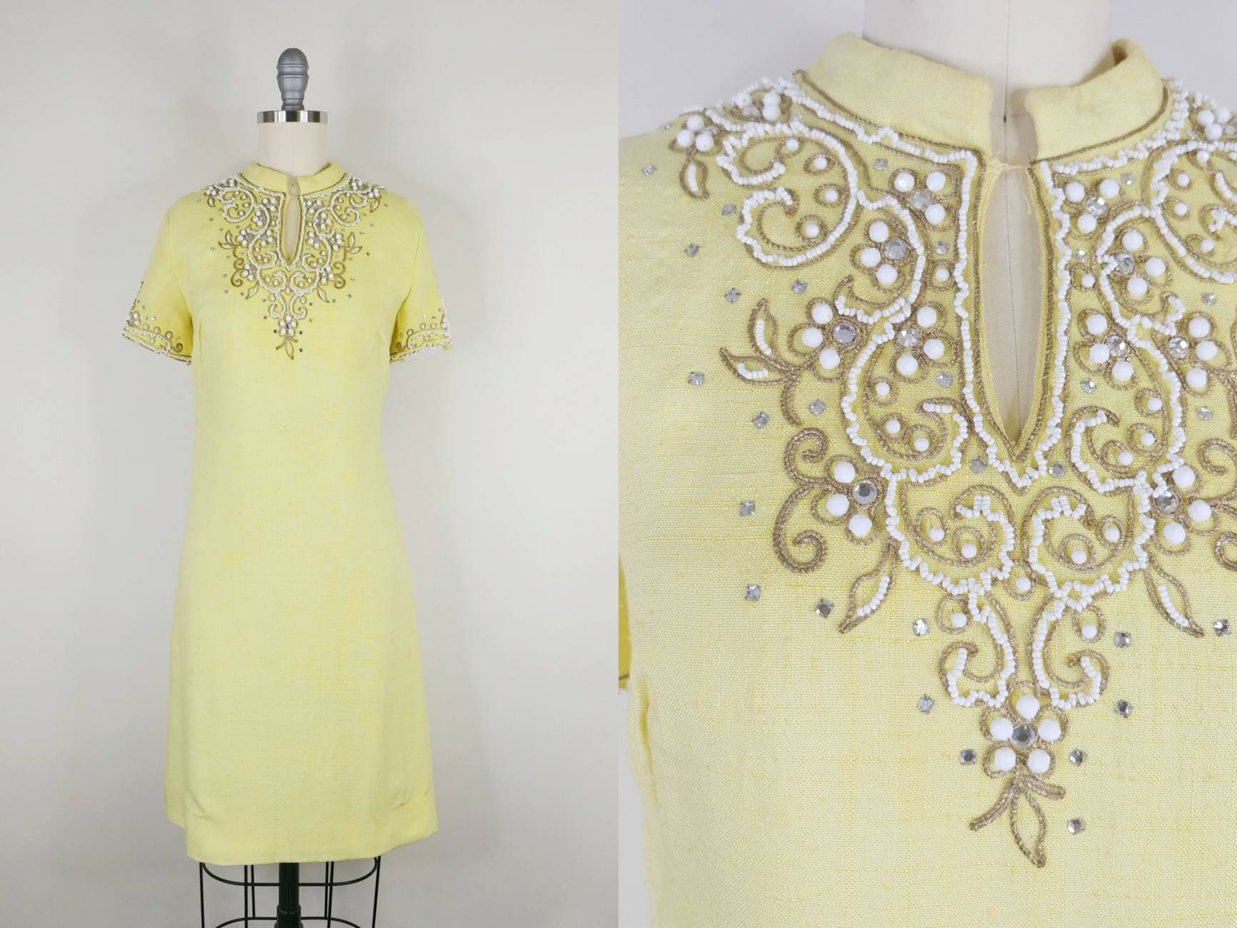 60Er Jahre Hell Kanariengelbes Cocktailkleid | Vintage Leinen Seidenscheide Kleid Damen Formelles Abendkleid Klein von carlasuevintage