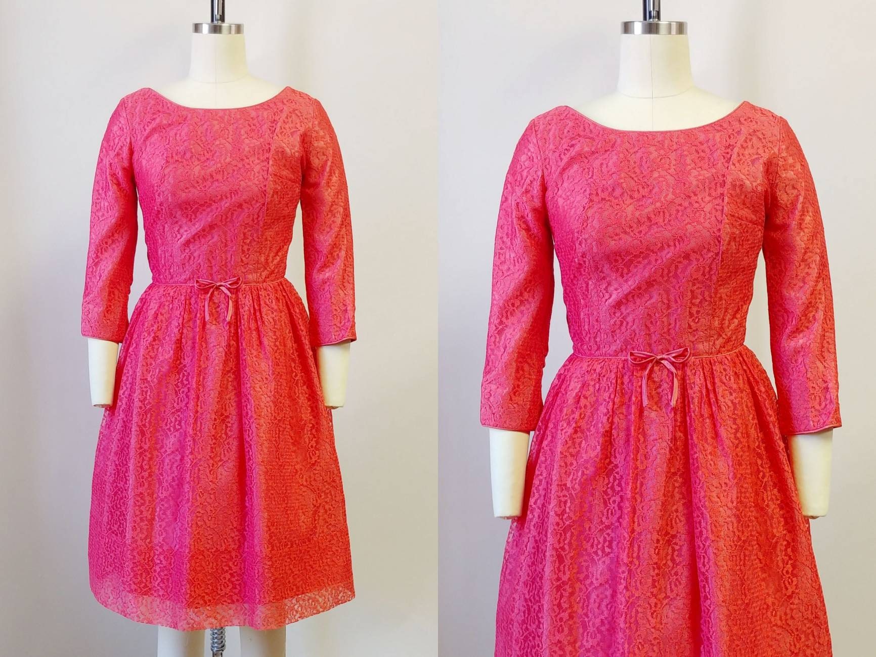 60Er Jahre Koralle Rosa Rot Spitzenkleid | Vintage Cocktailkleid Damen Kleid Xs von carlasuevintage