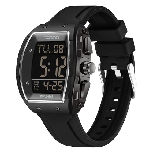 Herren Digital Sport Outdoor Tonneau Uhr 5ATM Wasserdicht Square Tactical Silikon Armband Armbanduhr Dual Time Alarm Countdown Stoppuhr LED Hintergrundbeleuchtung, Schwarz, Modisch, cool, schlicht von carlien