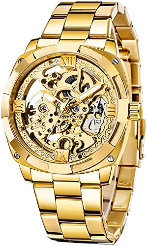 Skelett Automatik Steampunk-Uhren, Goldfarbene Leuchtzeiger, Lederarmband 40mm Gold Gold von carlien