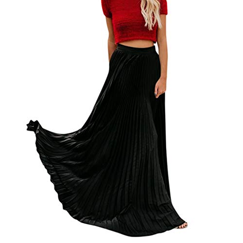 carol -1 Damen Sommerrock Boho Retro Maxi Langer Rock Elastische Taille Unifarben Faltenrock Strandrock Long Skirt, Big Hem Solide Maxi Rock Strandkleid Lange A-Linie Röcke Schaukel mit Unterrock von carol -1