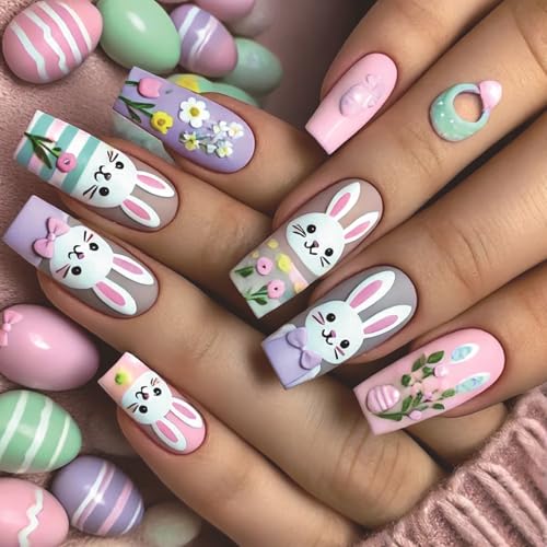 24 Stück Oster-Nägel zum Aufdrücken, quadratisch, künstliche Nägel, Frühlingsnägel, glänzende Acryl-Nägel für Damen und Mädchen von carotoe