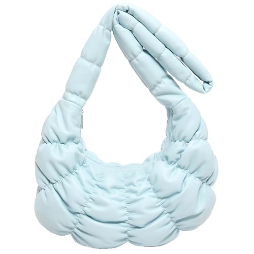 Gepolsterte gesteppte Puffer-Umhängetasche für Damen, einfarbig, PU-Leder, Reißverschluss, plissiert, Crossbody-Tasche, blau, One Size von carotoe