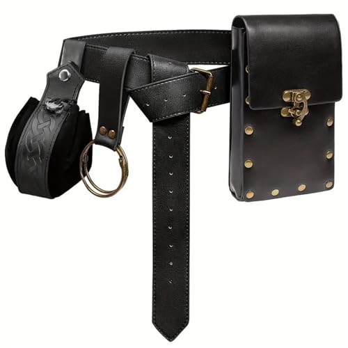 Herren Renaissances-Kostüm Halloween Mittelalter Piraten Gürteltaschen Fannys Pack Wikinger Kostüm Zubehör für Cosplay, Schwarzes vierteiliges Set von carotoe