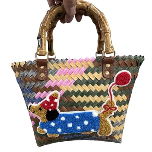 carotoe Trendige Handtasche mit Dackel-Motiv, Retro-Streifen, Umhängetasche, lässige Unterarm-Geldbörse, tolle gewebte Strandtasche, Roter Ballonhund, One Size von carotoe