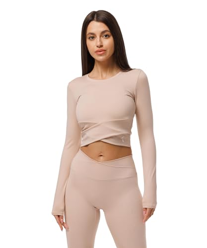 carpatree - Tight Longsleeve Crossover, Sport Oberteile Damen, Funktionsshirt Damen Langarm, Komfort Sportshirt Damen Langarm, Oberteil Damen für Yoga Fitness Gym Workout - Beige von carpatree