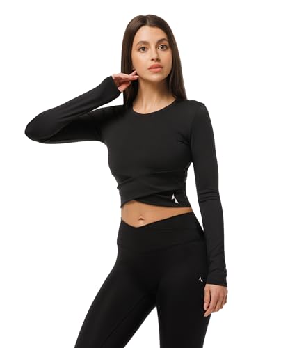 carpatree - Tight Longsleeve Crossover, Sport Oberteile Damen, Funktionsshirt Damen Langarm, Komfort Sportshirt Damen Langarm, Oberteil Damen für Yoga Fitness Gym Workout - Schwarz von carpatree