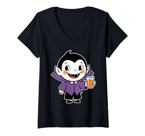 Damen Niedliches Cartoon-Vampirgetränk T-Shirt mit V-Ausschnitt Damen Niedliches Cartoon-Vampirgetränk T-Shirt mit V-Ausschnitt von cartoon vampire halloween kid cute monster spooky