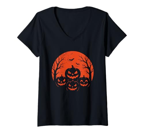 Damen Kürbisgruppe Halloween Mond T-Shirt mit V-Ausschnitt Damen Kürbisgruppe Halloween Mond T-Shirt mit V-Ausschnitt von carved pumpkins bats halloween moon smiles