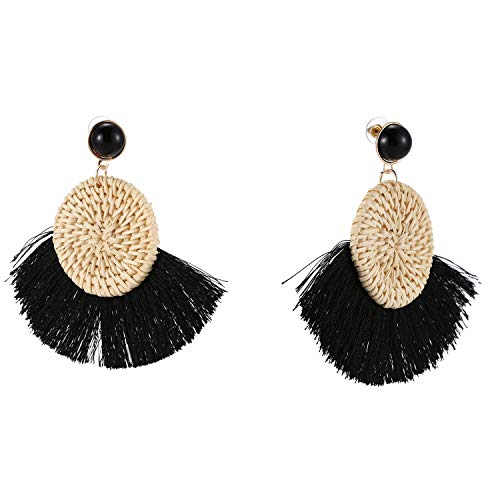 casstaly Handgefertigte runde gewellte Strohquasten-Ohrringe für Damen, gewebte Rattan-Quasten-Ohrringe, Schmuck, schwarz casstaly Handgefertigte runde gewellte Strohquasten-Ohrringe für Damen, gewebte Rattan-Quasten-Ohrringe, Schmuck, schwarz von casstaly
