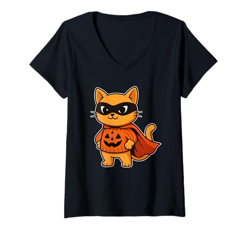 Damen Katzenheld mit Maske und Umhang T-Shirt mit V-Ausschnitt Damen Katzenheld mit Maske und Umhang T-Shirt mit V-Ausschnitt von cat hero mask cape pumpkin halloween pumpkin
