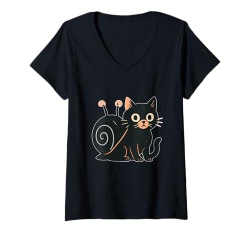 Damen Schwarze Katze mit Schneckenmuschel T-Shirt mit V-Ausschnitt Damen Schwarze Katze mit Schneckenmuschel T-Shirt mit V-Ausschnitt von cat snail spiral shell quirky cute halloween
