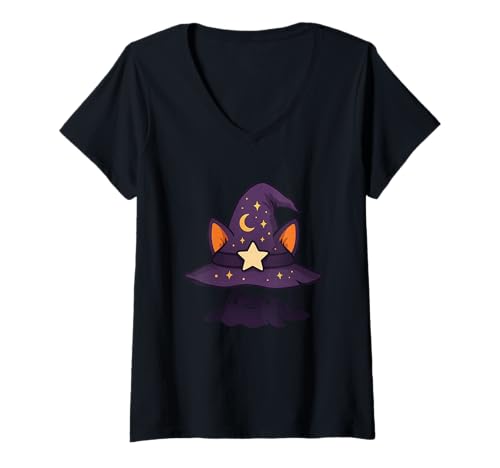Damen Katze unter Zaubererhut Sterne Halloween T-Shirt mit V-Ausschnitt Damen Katze unter Zaubererhut Sterne Halloween T-Shirt mit V-Ausschnitt von cat witch hat stars moon halloween halloween