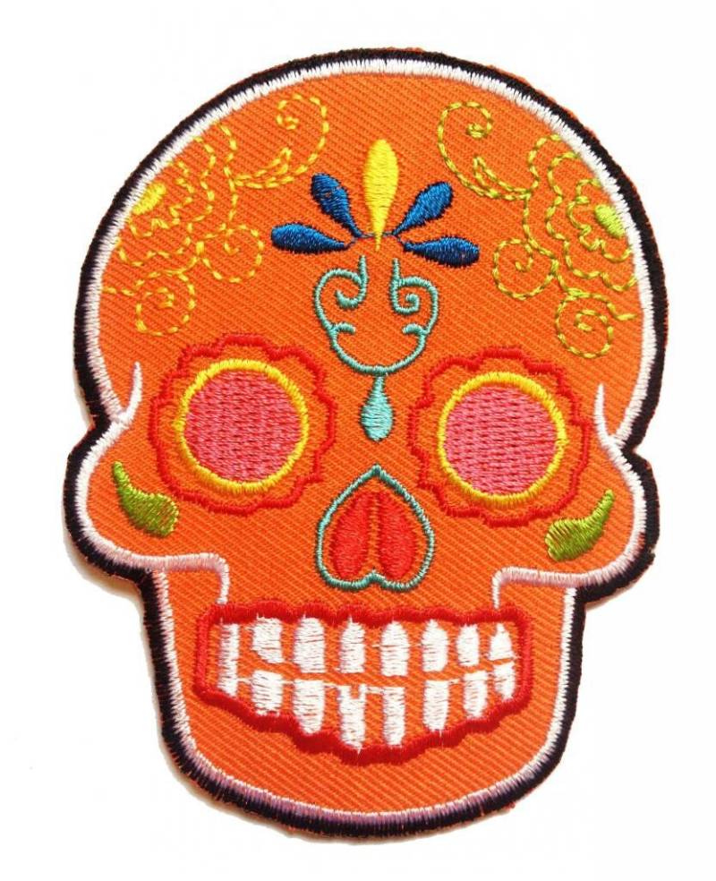 Aufnäher /Bügelbild - Totenkopf Modern Skelett -Orange -7 X 9.3 cm Patch Aufbügler Applikationen Zum Aufbügeln Applikation Patches Flicken von catchthepatch