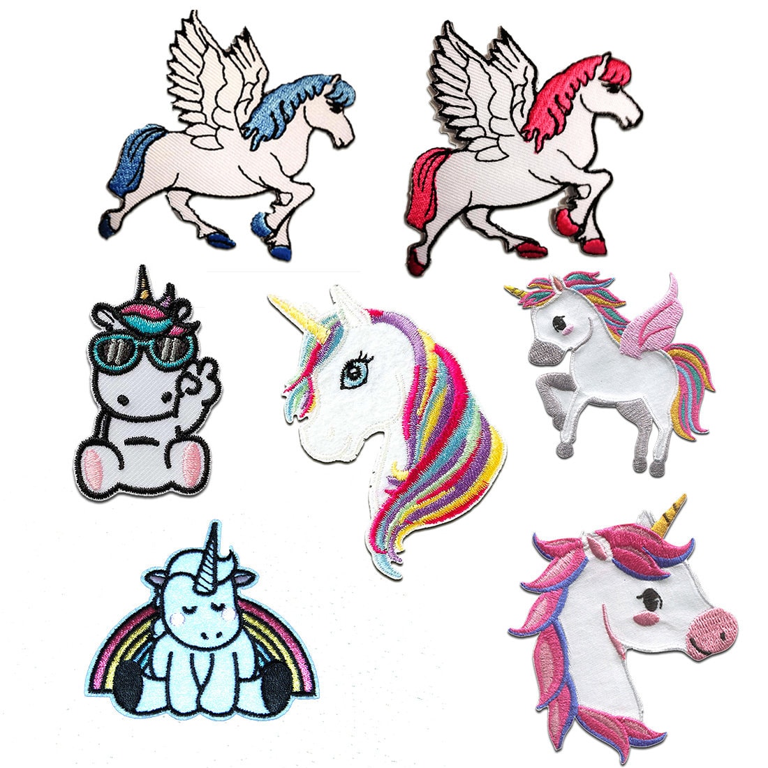 Einhorn Set 7 Stück Tier - Aufnäher, Bügelbild, Aufbügler, Applikationen von catchthepatch