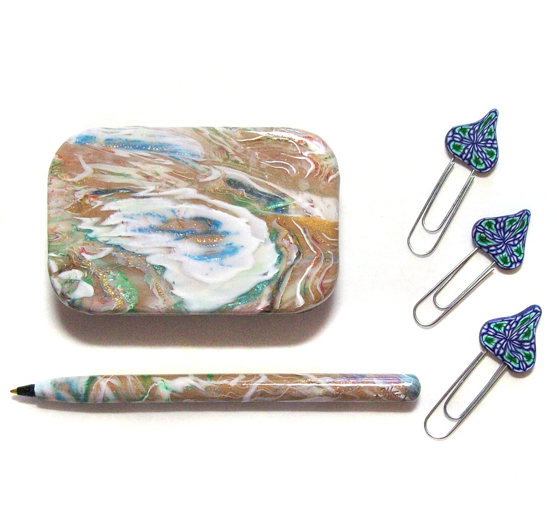 Zinn Schmuckkästchen Mit Stift Und Clips Oder Lesezeichen Mokume Gane Polymer Clay Design T23 von cathyharm