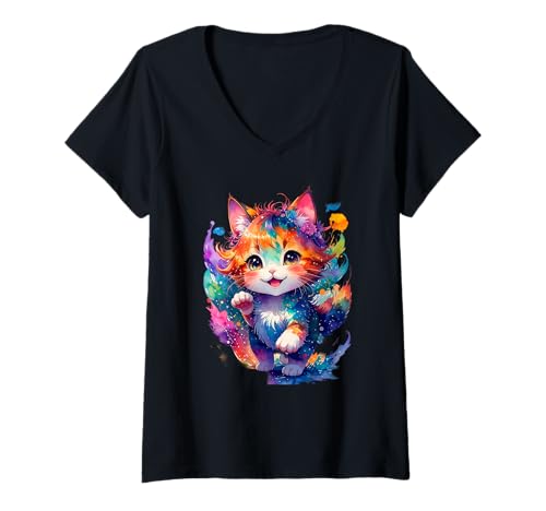 Damen Niedliche skurrile Katze mit großen ausdrucksstarken Augen T-Shirt mit V-Ausschnitt Damen Niedliche skurrile Katze mit großen ausdrucksstarken Augen T-Shirt mit V-Ausschnitt von cats cute for kids