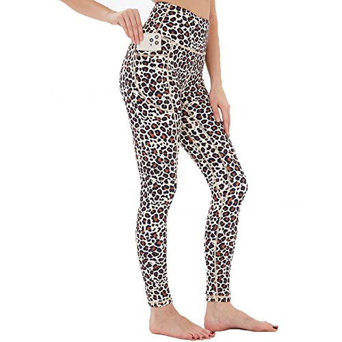 ccko Leggings mit hoher Taille für Damen mit Taschen, Damen-Yogahose, Stretch-Workout-Leggings, Bauchkontrolle, Leopard, Groß von ccko