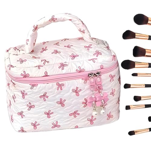 Quilted Makeup Bag, Aesthetic Bow Cosmetic Pouch, Large Capacity Travel Organizer, Reusable Toiletry Storage Case for Women and Daily use and travel, 22.5x15x15cm 120g Pink Black von ccuzs