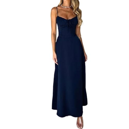 Damen Sommer Sexy Ärmellos Spaghettiträger Solide Lang Kleid Einfach Sommerkleid Damen elegant Kleid Dunkelblau M von ccviorta