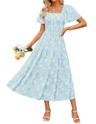 ccviorta Damen Sommerkleid Boho Blumen Midi Kleid Leichtes Langes Kleid mit Kurzärmligen und Rechteckhals Strandkleider Hellblau L von ccviorta