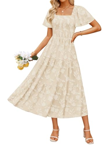 ccviorta Damen Sommerkleid Boho Blumen Midi Kleid Leichtes Langes Kleid mit Kurzärmligen und Rechteckhals Strandkleider Mandel M von ccviorta