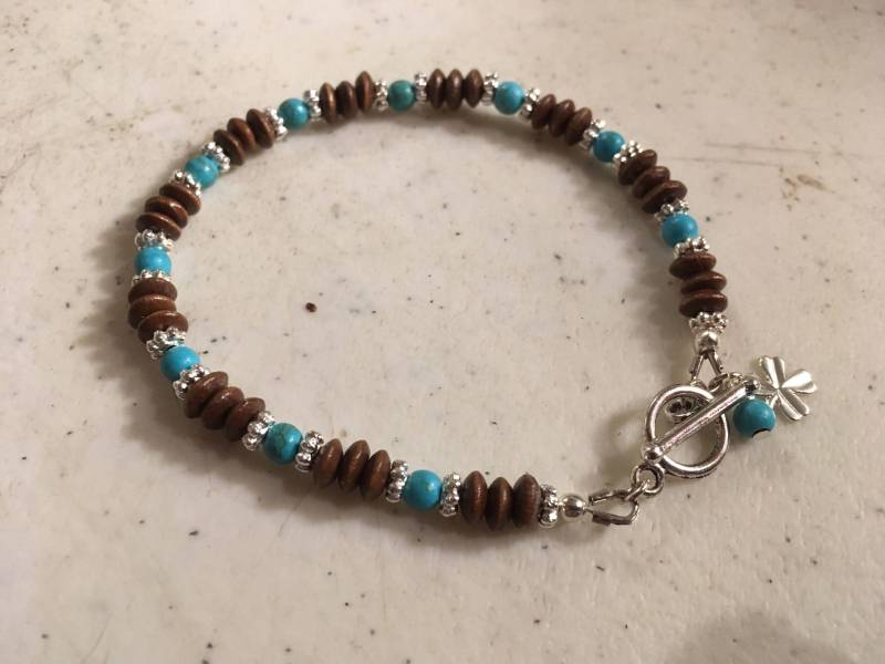 Blau Türkis Armband - Braun Holz Schmuck Silber Knebel Perlen Kleeblatt Anhänger Geschenk 18, 5 cm Us Free Versand von cdjali