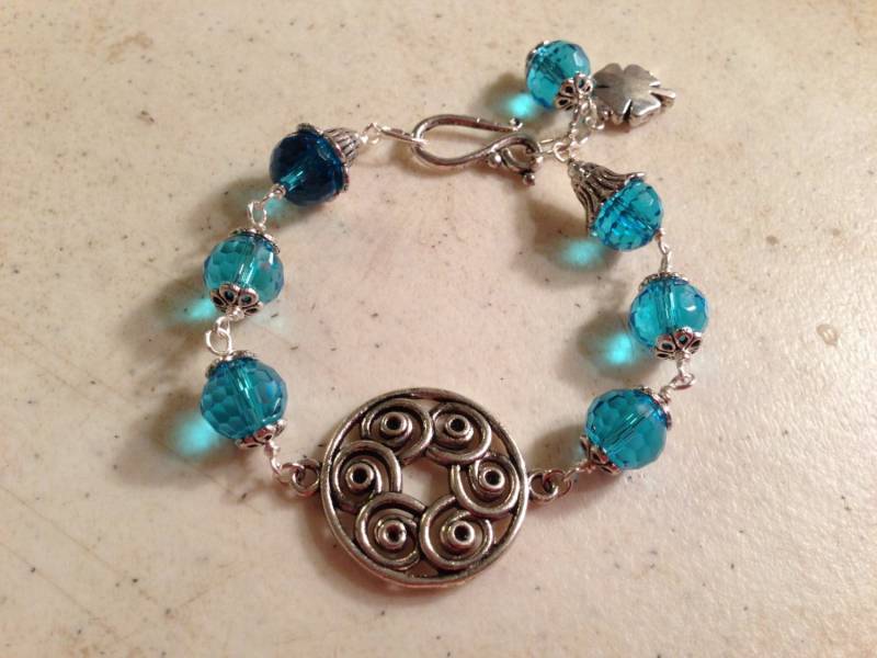 Blaugrün-Armband - Silber Schmuck Kristall Mod Kleeblatt Charm Draht Gewickelt von cdjali