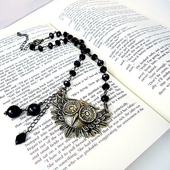 Eulen Anhänger Halskette - Messing Schmuck Schwarzer Kristallperlen Swag Feder Weisheit Prophetie Geschenk Für Mama Kette von cdjali