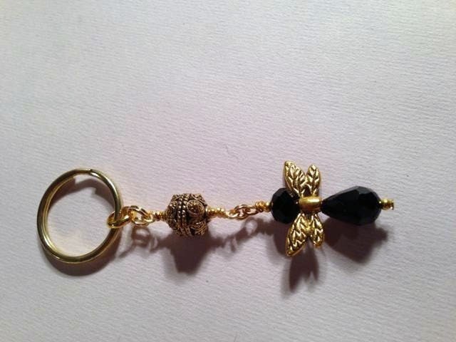 Libelle Schlüsselanhänger Gold Schlüsselring Schwarz Kristall Perlen Unikat Käfer Natur von cdjali