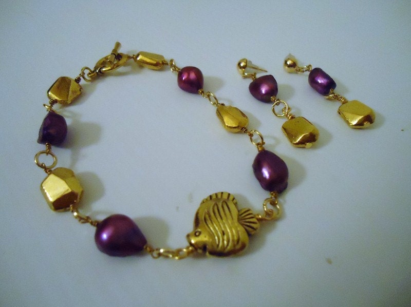 Lila Armband - Fisch Schmuck Set Gelbgold Muttertagsgeschenk Mode von cdjali