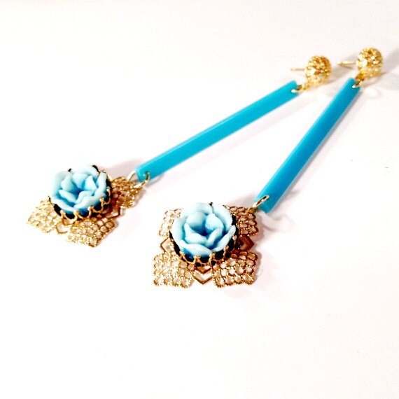 Petrol Ohrringe - Blumenschmuck Art-Deco-Schmuck Gold Mode Mod Lang von cdjali