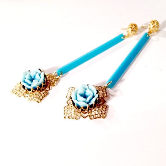 Petrol Ohrringe - Blumenschmuck Art-Deco-Schmuck Gold Mode Mod Lang von cdjali