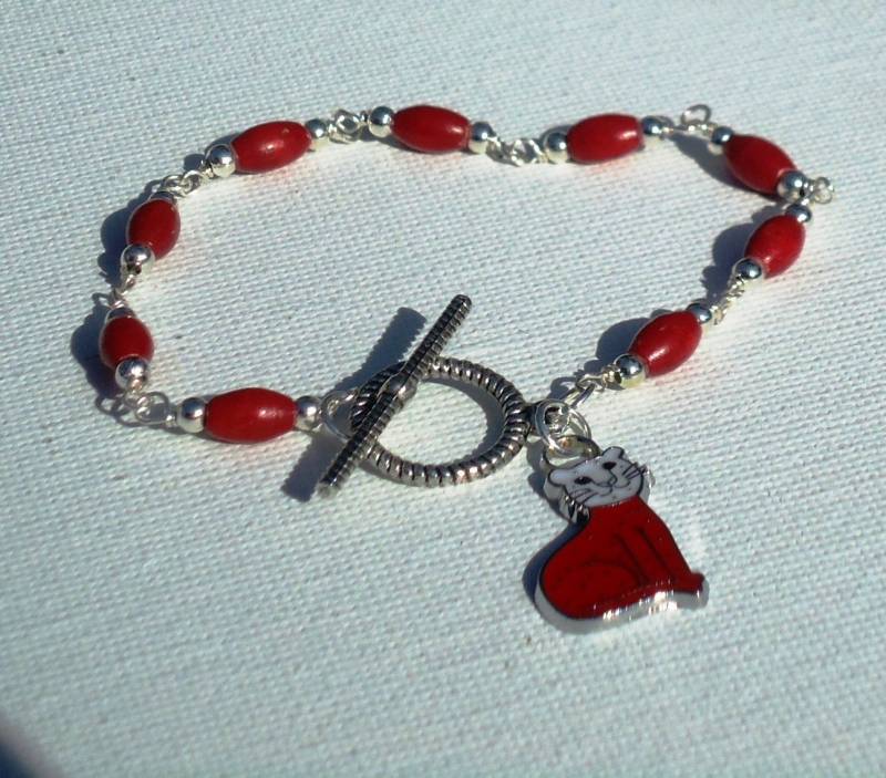 Rotes Armband - Katze Charm Schmuck Silber Weiß Mode Draht Gewickelt Holz B-82 von cdjali