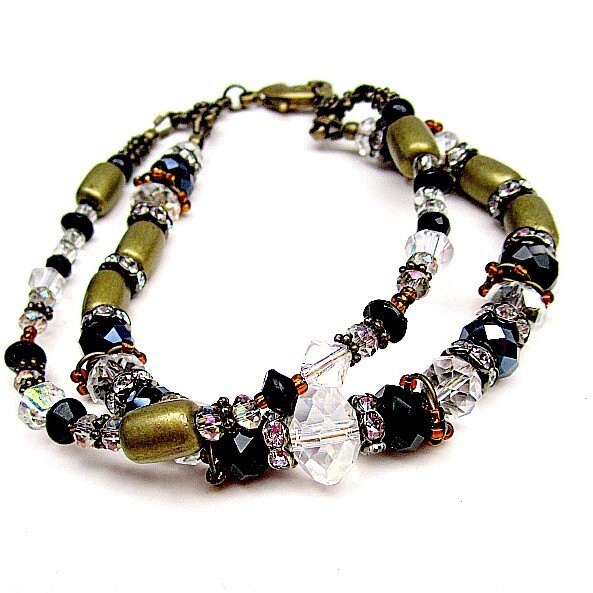 Schwarzes Armband - Mixed Metal Schmuck Kristallschmuck Messing Doppelstrang Unikat Mode Funky B-47 von cdjali