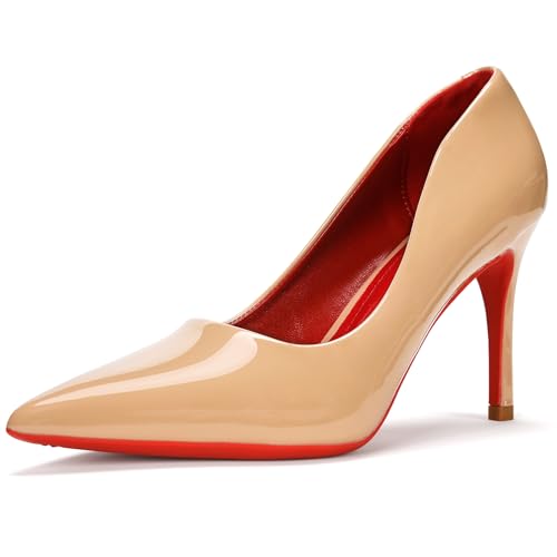 Damen Lackleder Stiletto Pumps Schwarz mit roter Sohle Spitze Spitze High Heel, Hautfarben, 39.5 EU Damen Lackleder Stiletto Pumps Schwarz mit roter Sohle Spitze Spitze High Heel, Hautfarben, 39.5 EU von cdsnxore