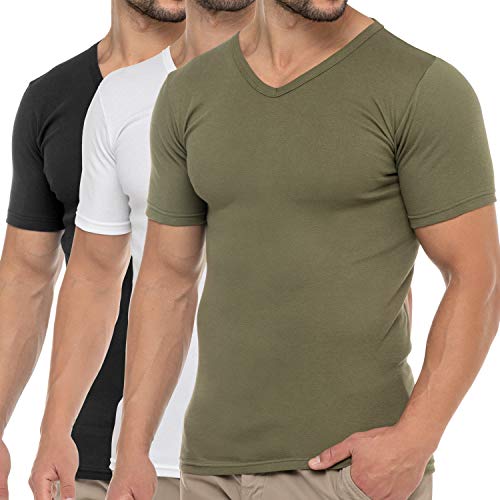 Celodoro Herren Business T-Shirt V-Neck (3er Pack) - Olive Weiß Schwarz S von Celodoro