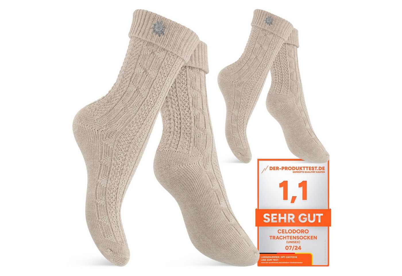 celodoro Trachtensocken Trachten Socken (2 Paar) mit Edelweiß-Pin für Damen & Herren von celodoro