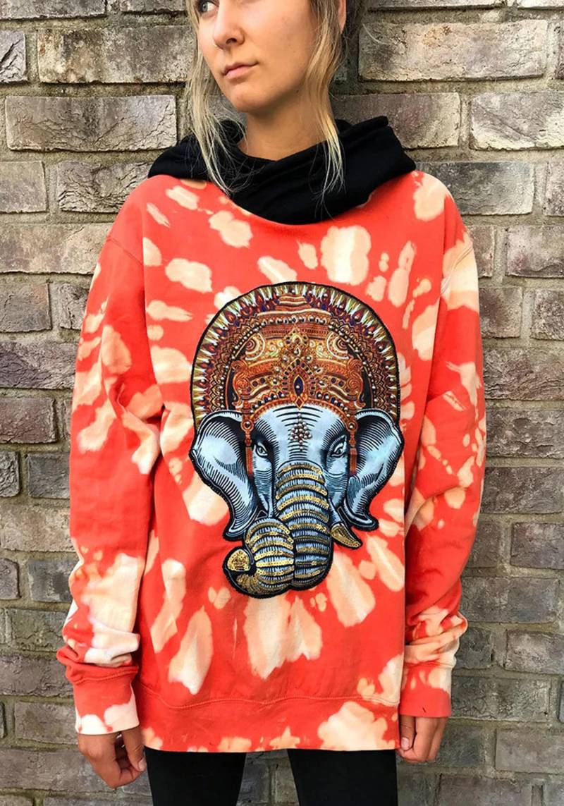Batik Orange Acid Washed Hoodie Pullover Hippie Goa Festival Psychedelisch Bohemian Yoga Meditation Ganesha Elefant Kleidung Cross Neck von celyst