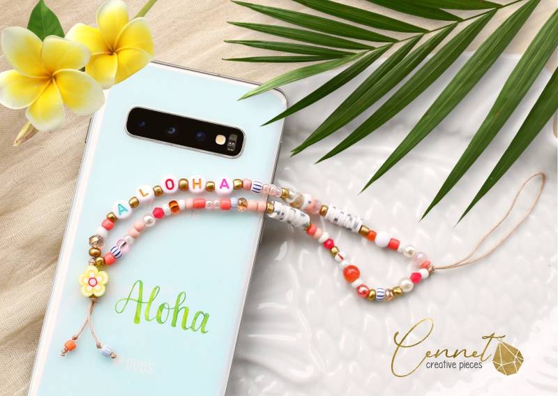 Aloha | Handy Kette Handykette| Perlen Vsco Girl Apricot Rocailles Bunt Mädchen Personalisierbar Smiley von cennetcreative