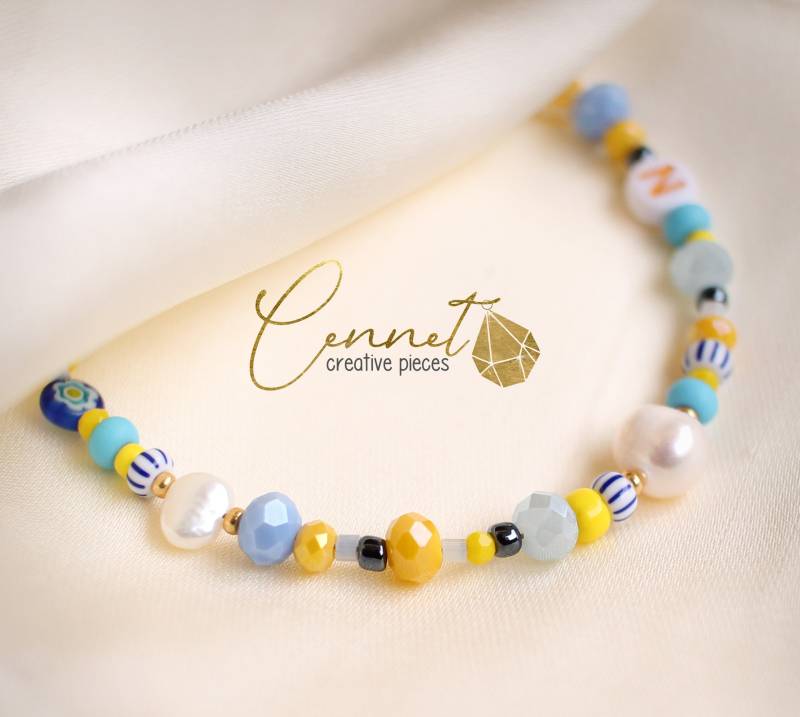 Blossom Pearls | Barockperle Buchstabe Süßwasserperle Millefiori Seed Beads Rocailles Edelstahl Gold Gelb Personalisierung von cennetcreative